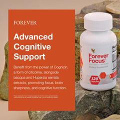 Forever Focus ingredients laid out with bacopa and Cognizin for brain health.
