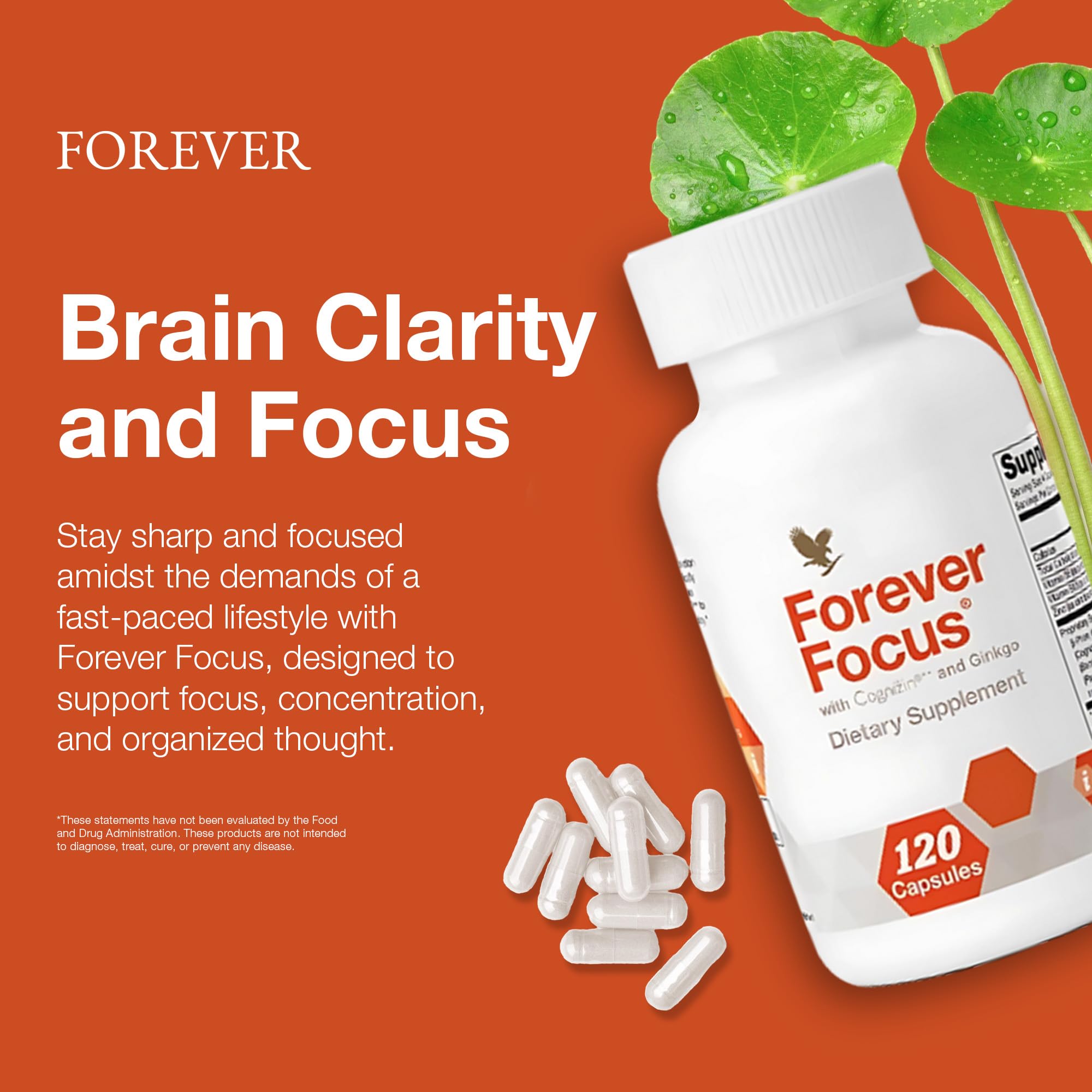 Forever Focus tablets being poured from bottle for consistent energy.