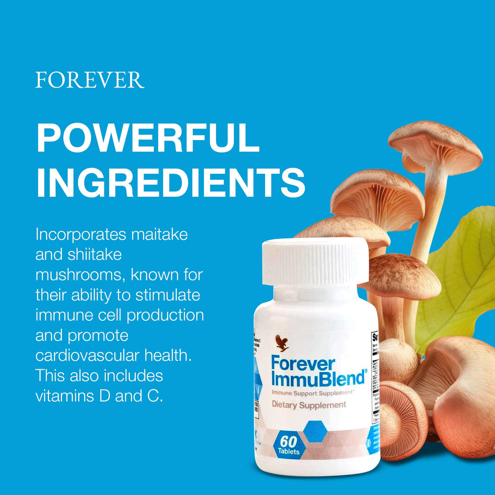 Forever ImmuBlend bottle with glass of water for daily dosing.