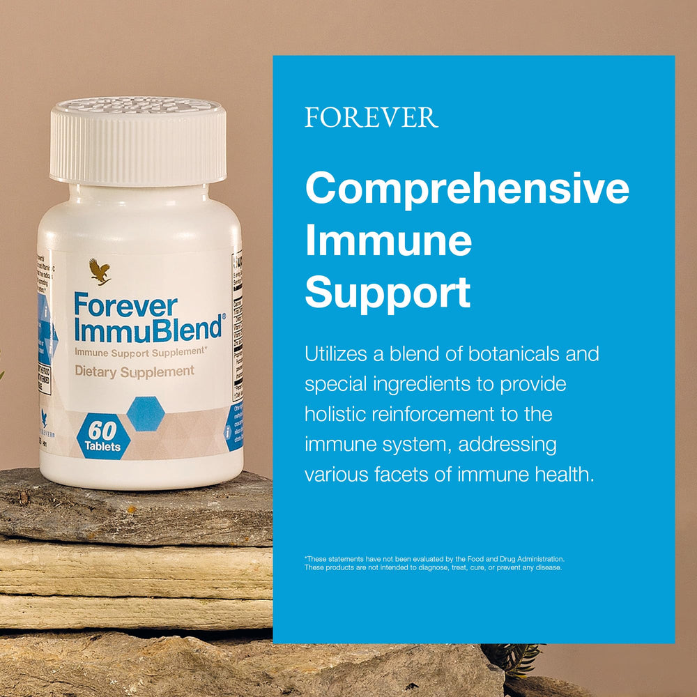 Forever ImmuBlend tablets on a surface ready for daily use.