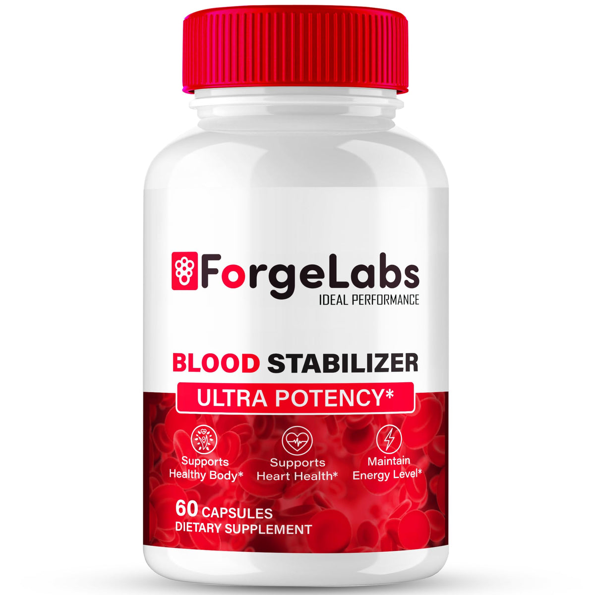Forge Labs Blood Stabilizer Capsules bottle showing 60-count packaging for natural circulation support.