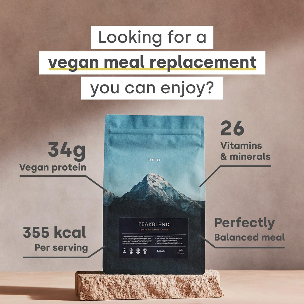 Form Peakblend ingredients spoon highlights plant protein and flaxseed for nutrition.