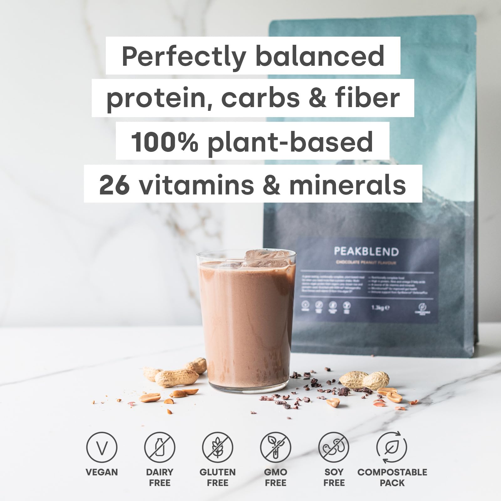 Form Peakblend packaging sustainability emphasizes compostable, plastic-free design.