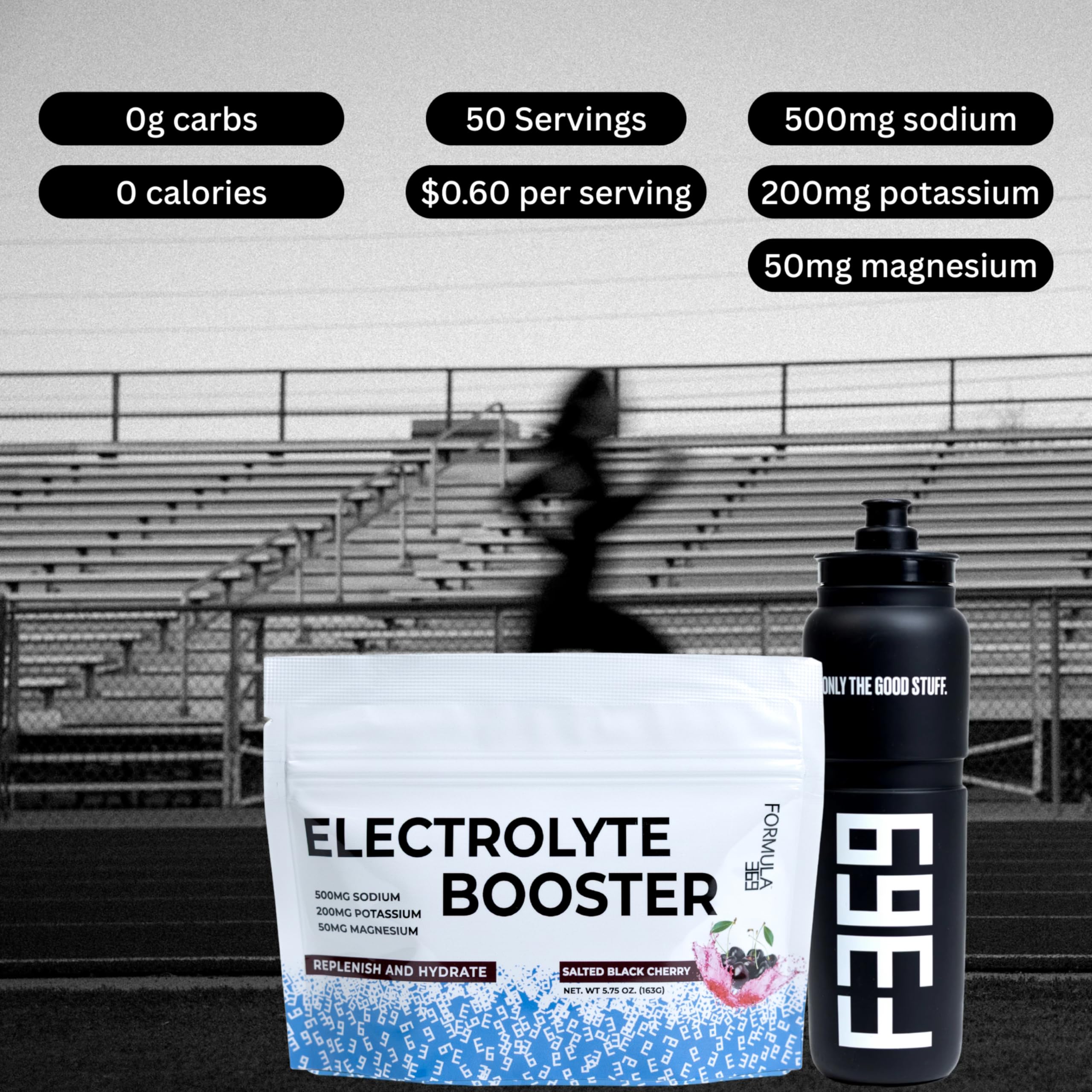 Formula 369 Electrolyte Booster with scoop showing a serving for workouts