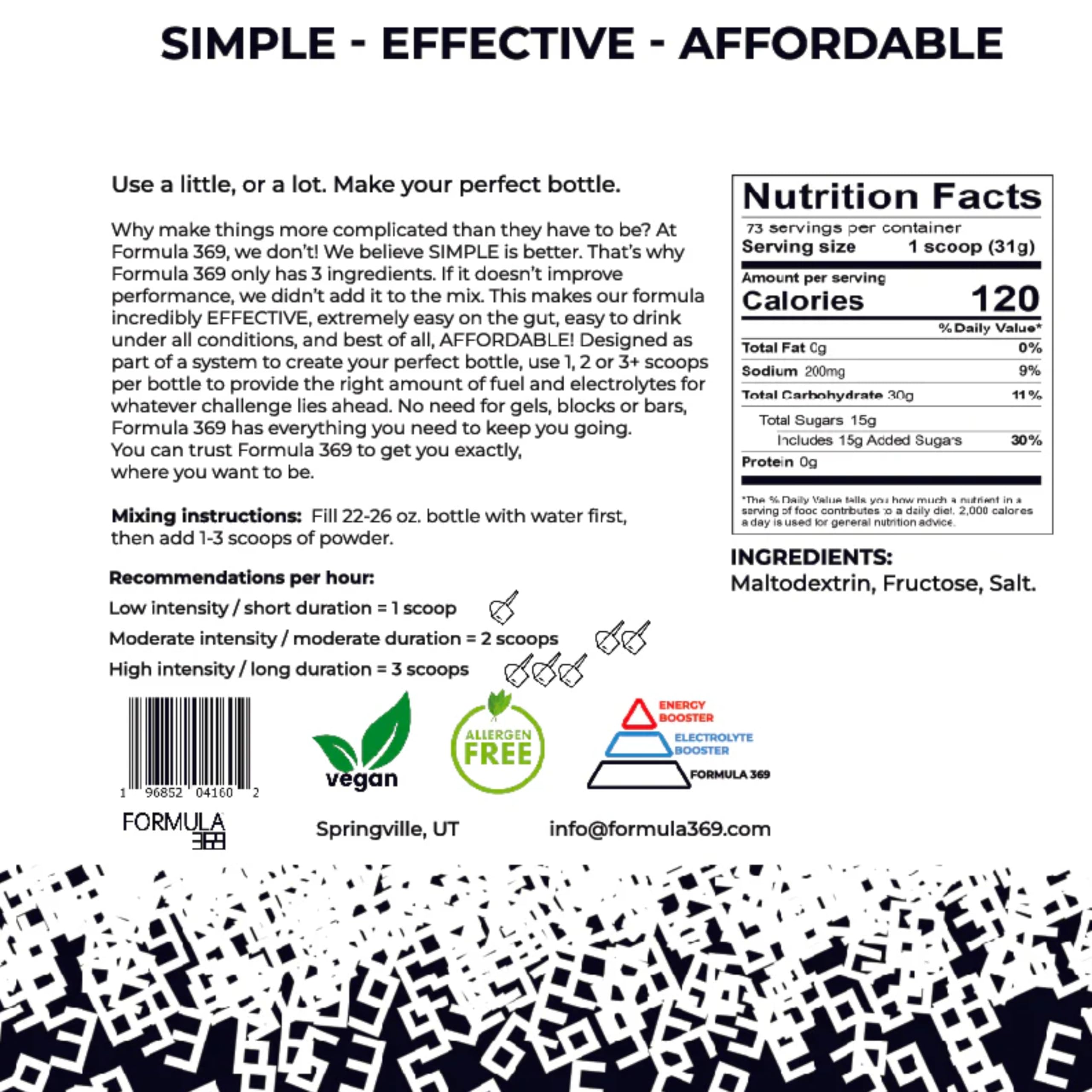 Formula 369 unflavored powder scoop shown for flexible carb loading during workouts.