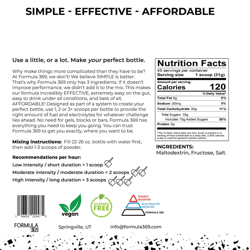 Formula 369 unflavored powder canister with clean fuel for workouts.
