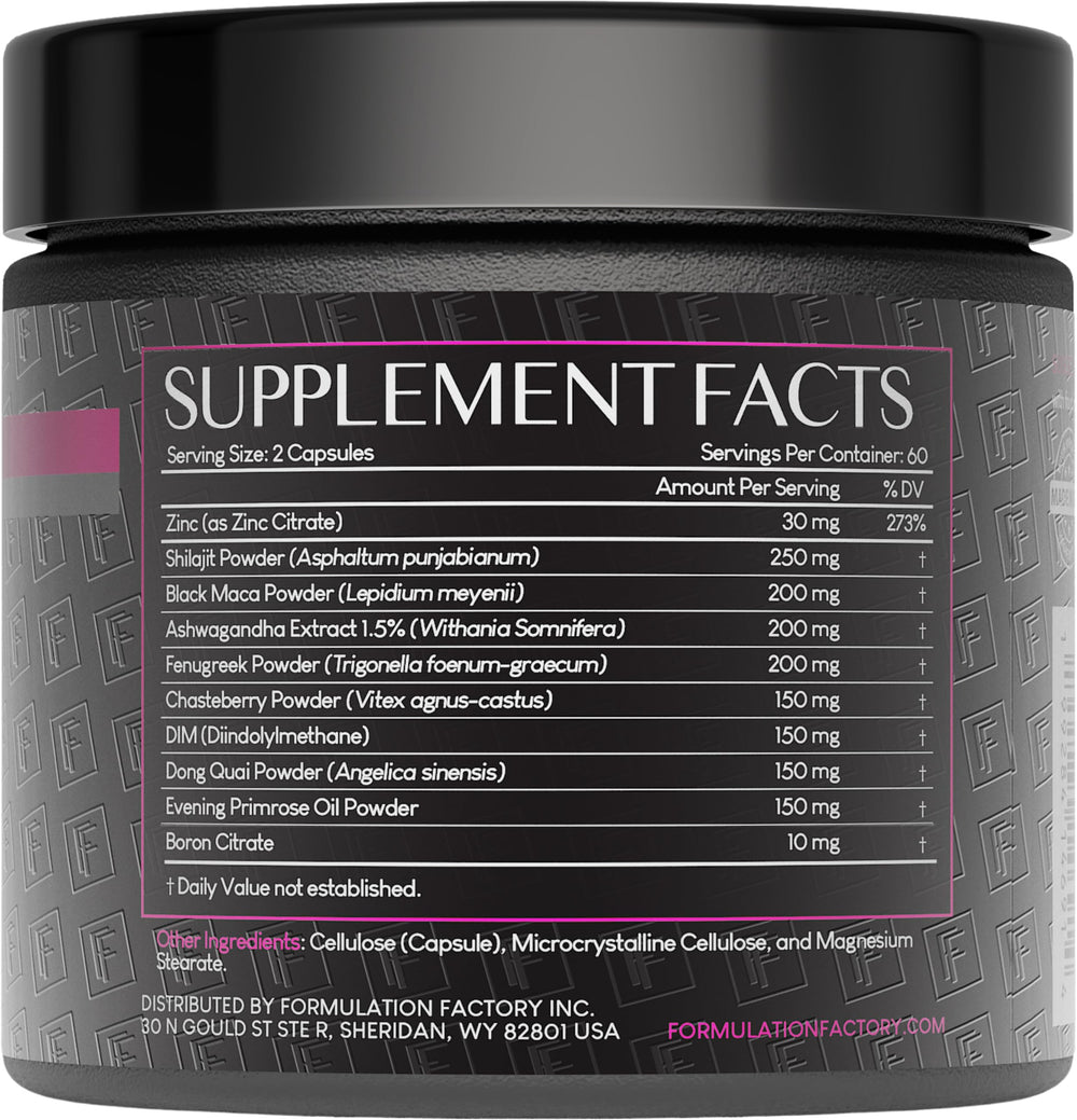 Formulation Factory She's Obsessed capsules closeup featuring Shilajit, Maca, and Ashwagandha.