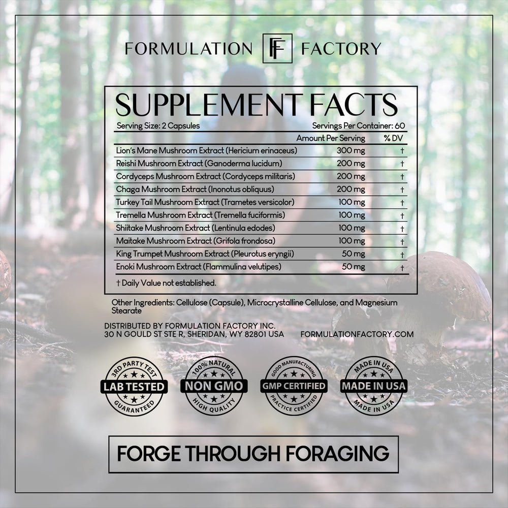 Formulation Factory Shroom Vroom ingredients close-up highlighting fungal blend.