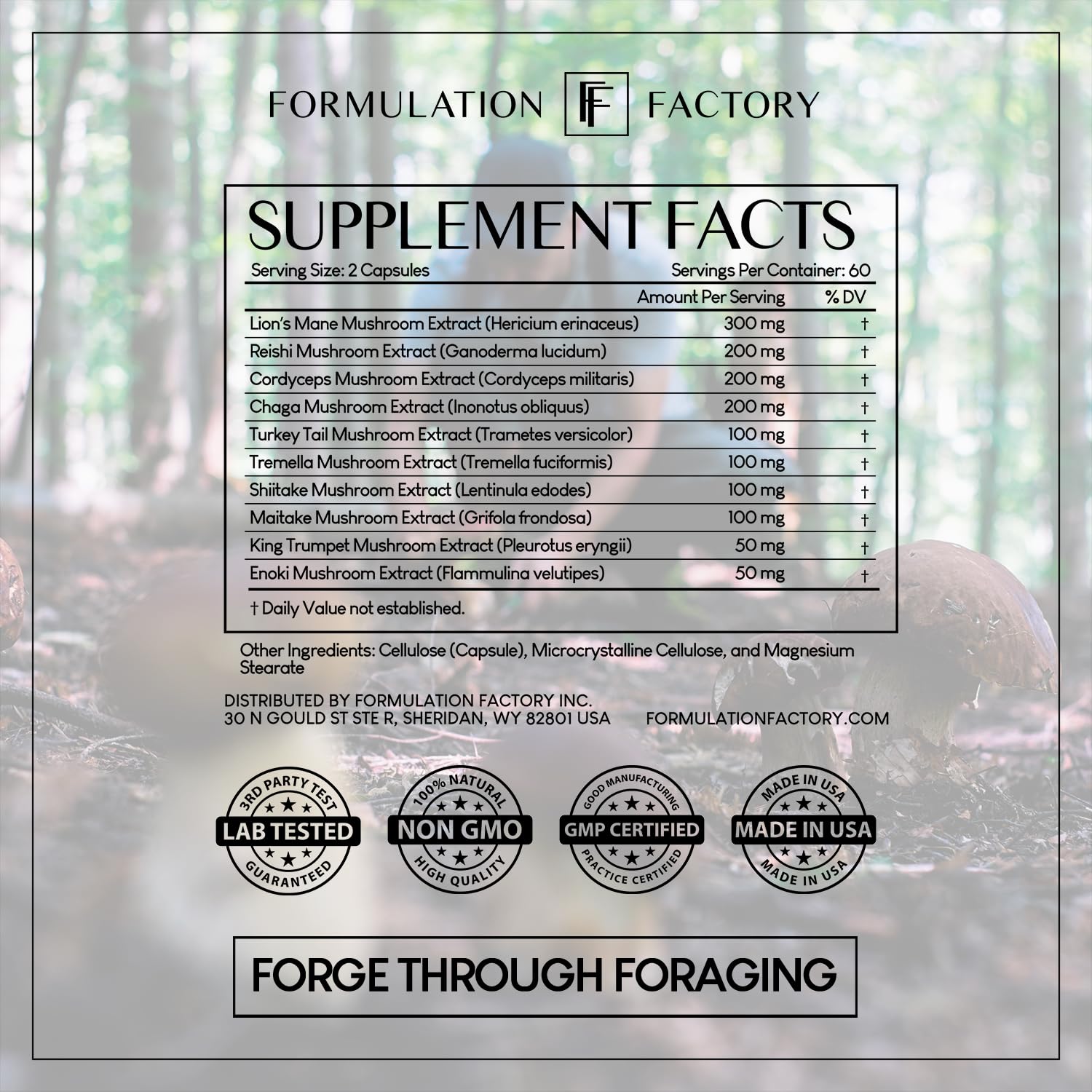 Nutrition facts panel for Formulation Factory Shroom Vroom