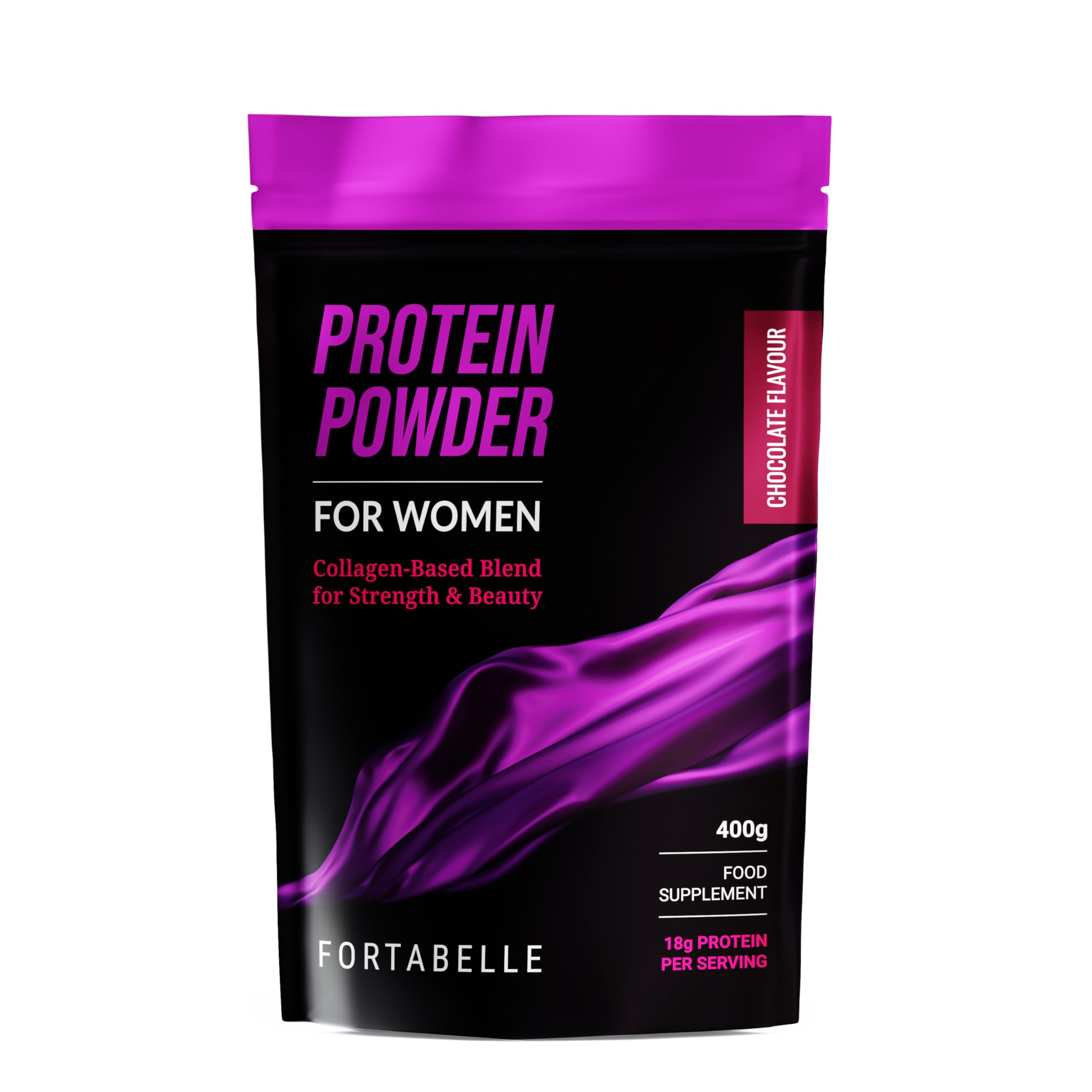 FORTABELLE Protein Powder for Women bottle view highlights collagen blend for beauty and strength.