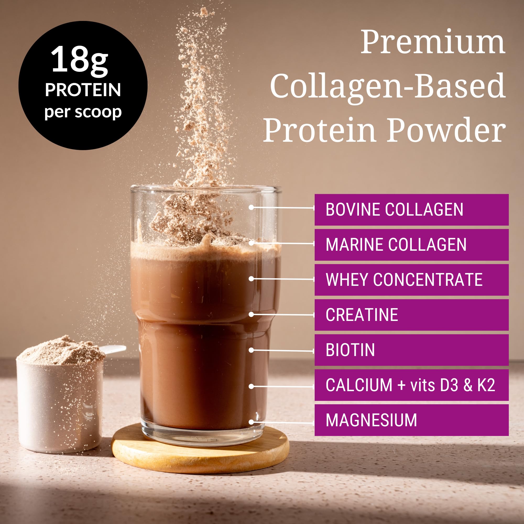 FORTABELLE Protein Powder for Women scoop shot demonstrates convenient serving.