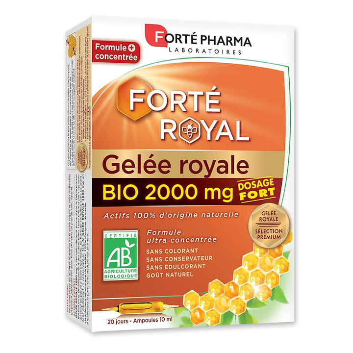 Forté Pharma Organic Royal Jelly 2000mg bottle shot shows premium ingredients for daily vitality