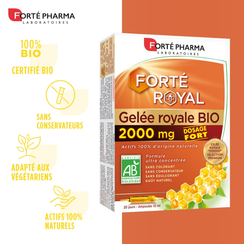 Forté Pharma Organic Royal Jelly 2000mg shelf display emphasizes convenient daily nutrition