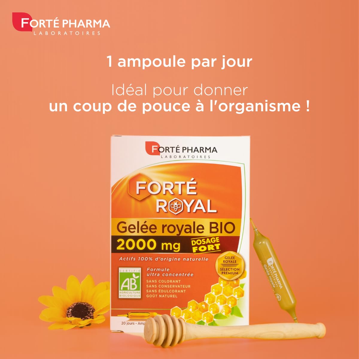 Forté Pharma Organic Royal Jelly 2000mg Tasmanian honey close-up evokes restorative properties