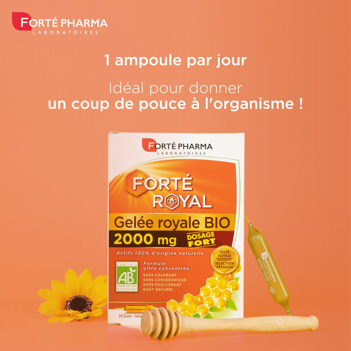 Forté Pharma Organic Royal Jelly 2000mg Tasmanian honey close-up evokes restorative properties