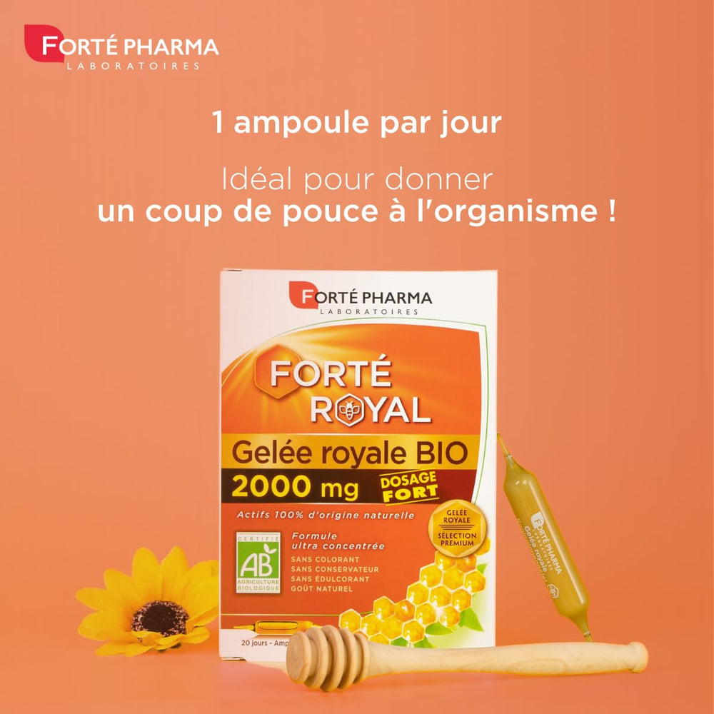Forté Pharma Organic Royal Jelly 2000mg Tasmanian honey close-up evokes restorative properties