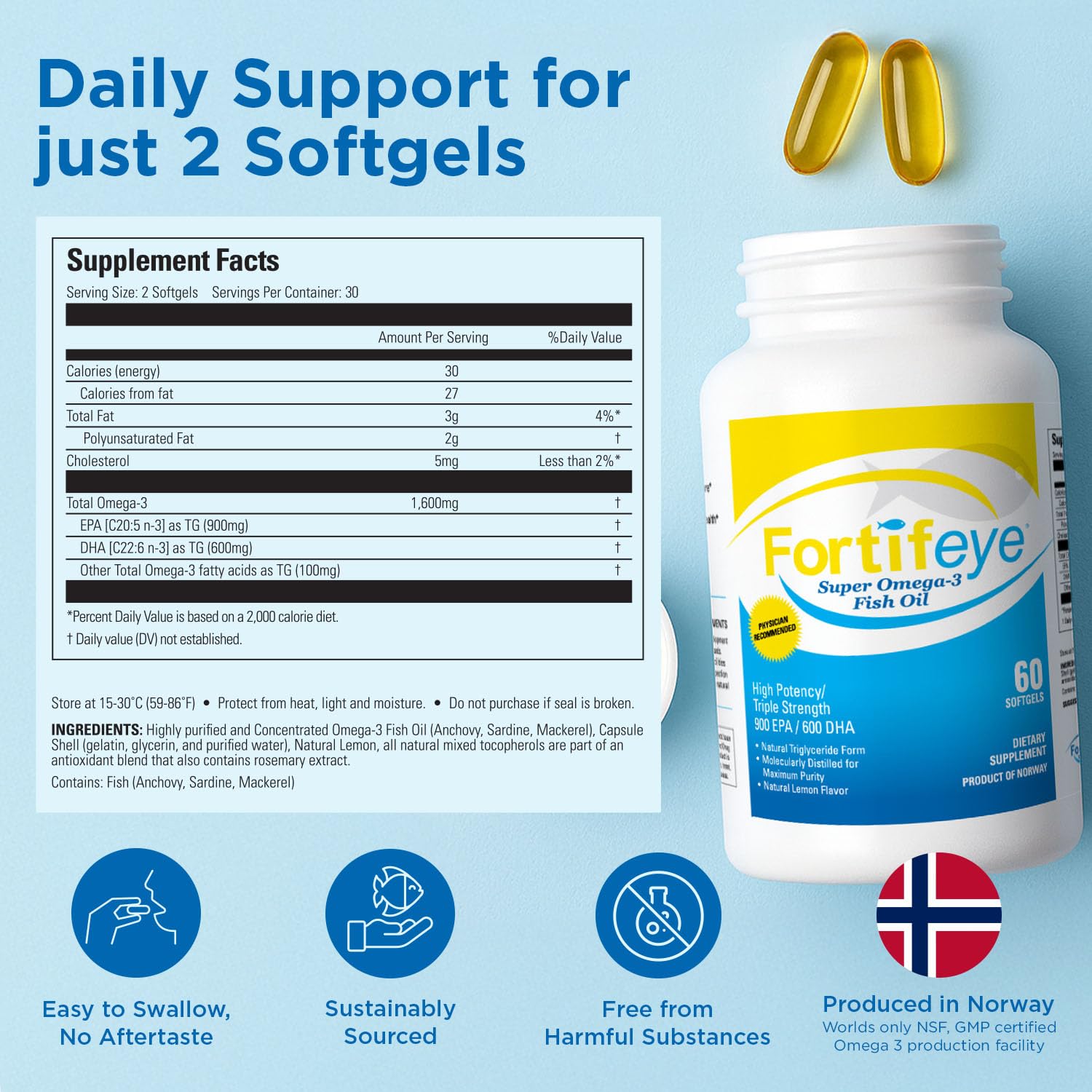 Norwegian-made Fortifeye Omega-3 bottle signaling premium quality and purity