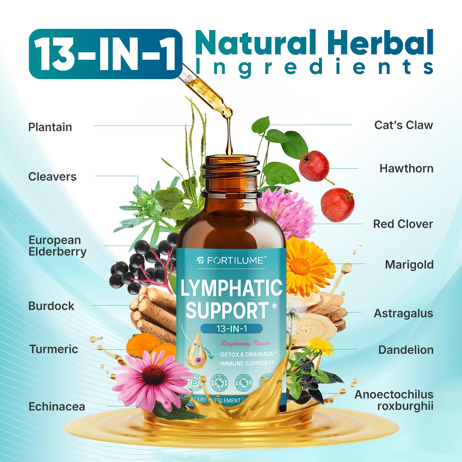 Fortilume Lymphatic Drops berry flavor glass suggesting tasty daily routine.