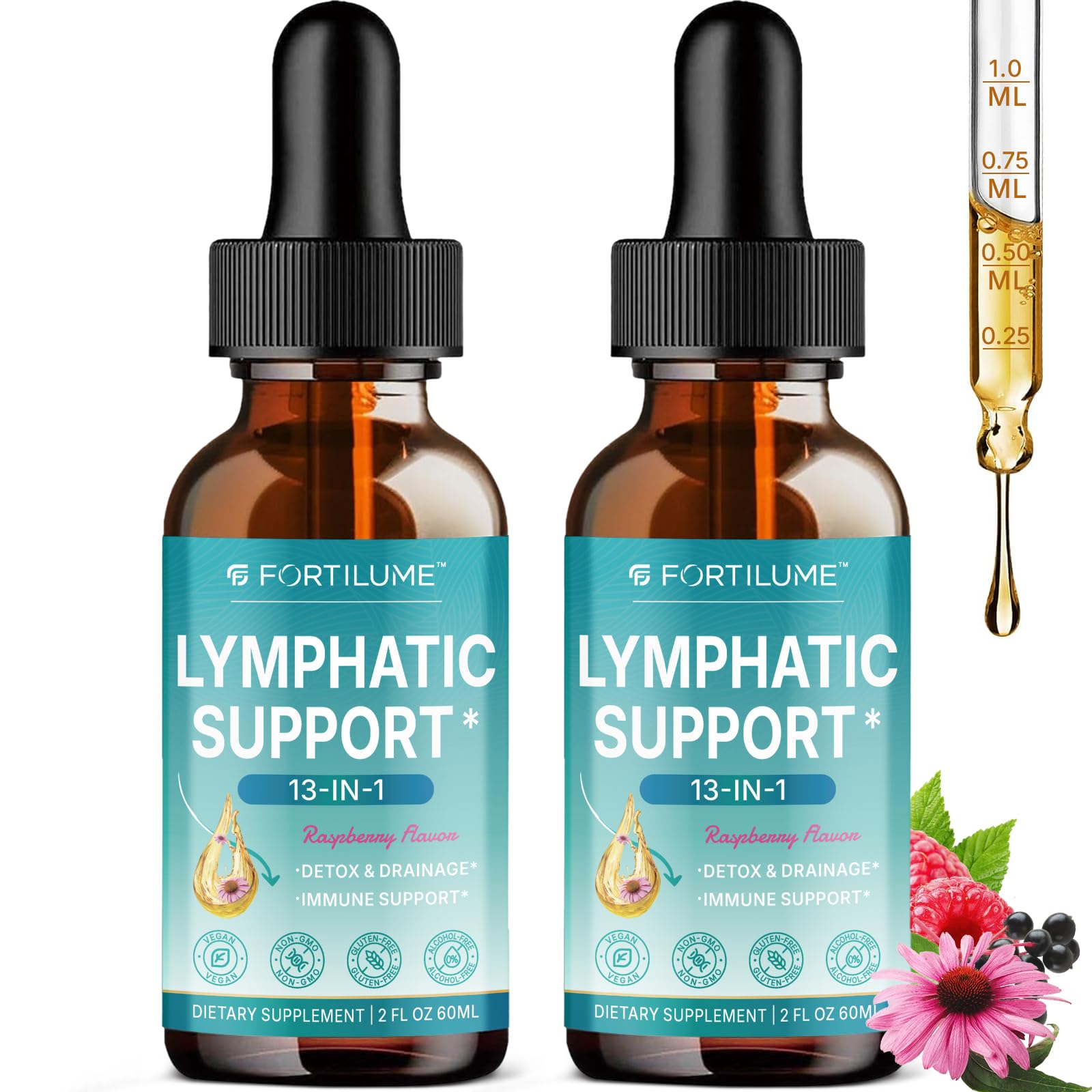 Fortilume Lymphatic Drops bottle close-up highlighting herbal blend for daily wellness.