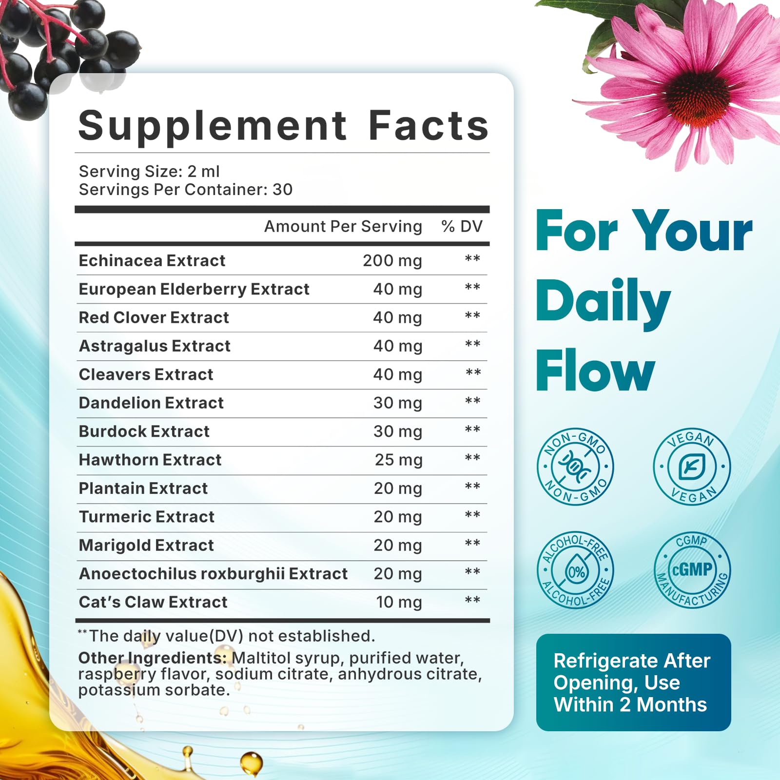 Fortilume Lymphatic Drops bottle label shows third-party testing and GMP manufacturing.