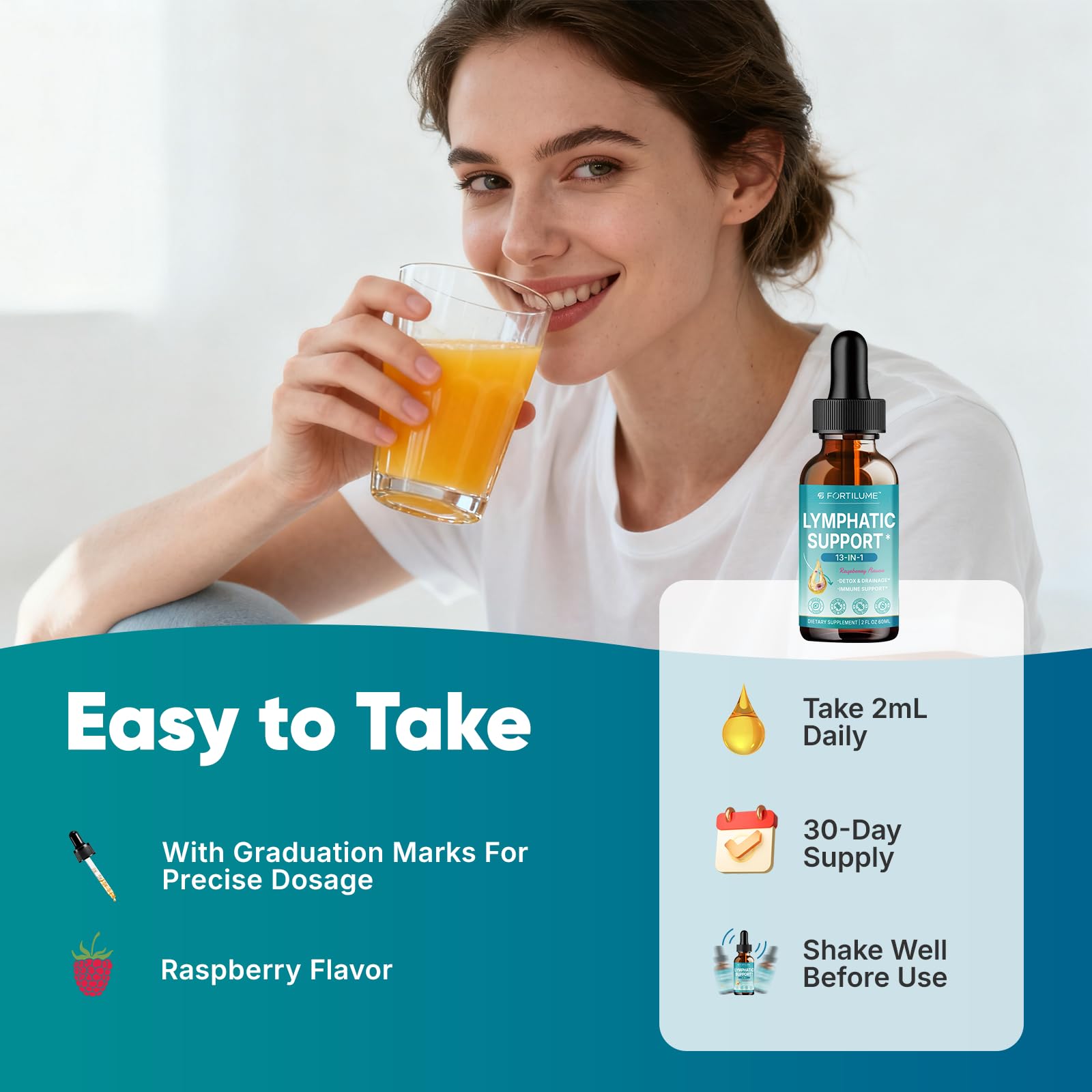 Fortilume Lymphatic Drops in beverage glass for convenient mix-in.