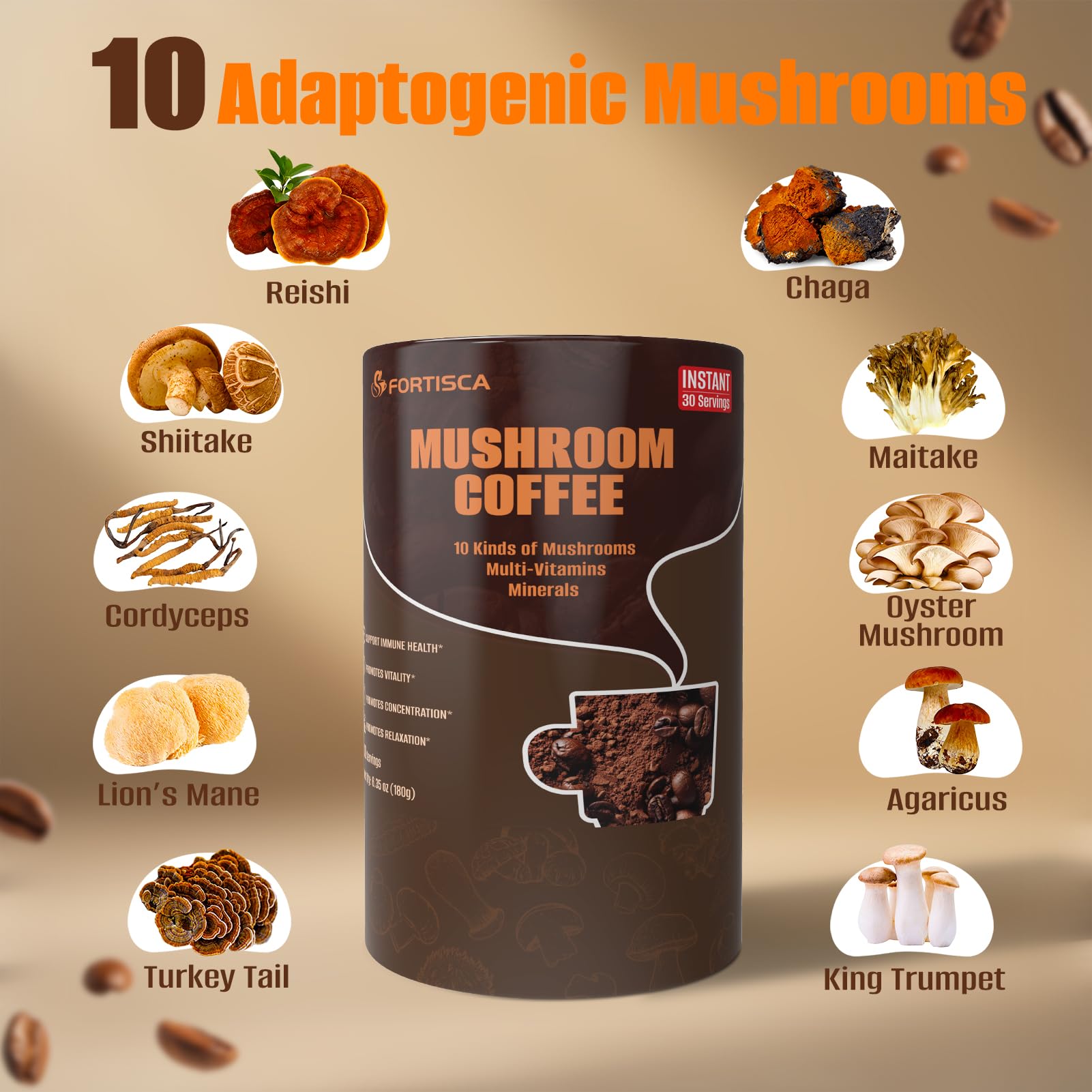 Fortisca 10in1 Mushroom Coffee bag open shows premium blend.