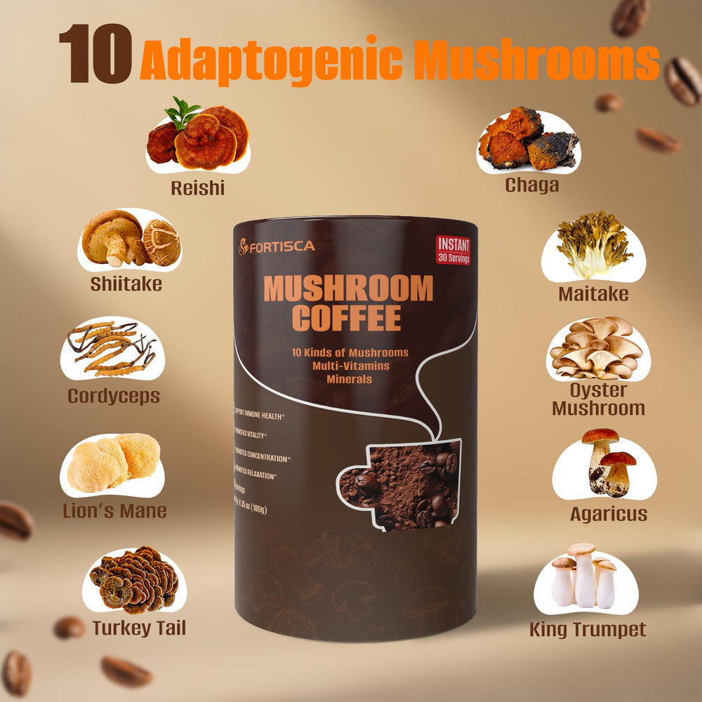 Fortisca 10in1 Mushroom Coffee bag open shows premium blend.