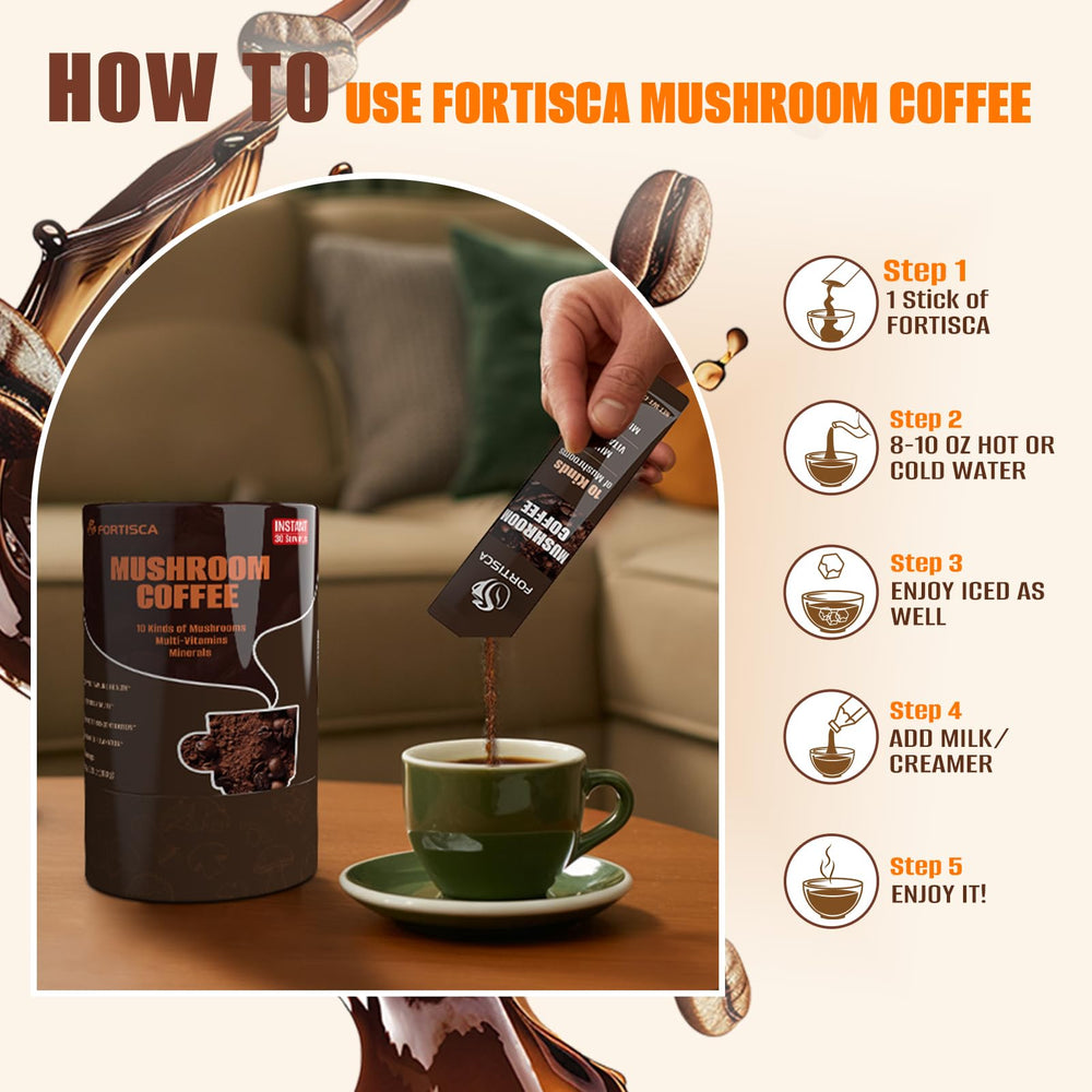 Fortisca 10in1 Mushroom Coffee cup morning routine emphasizes smooth energy.