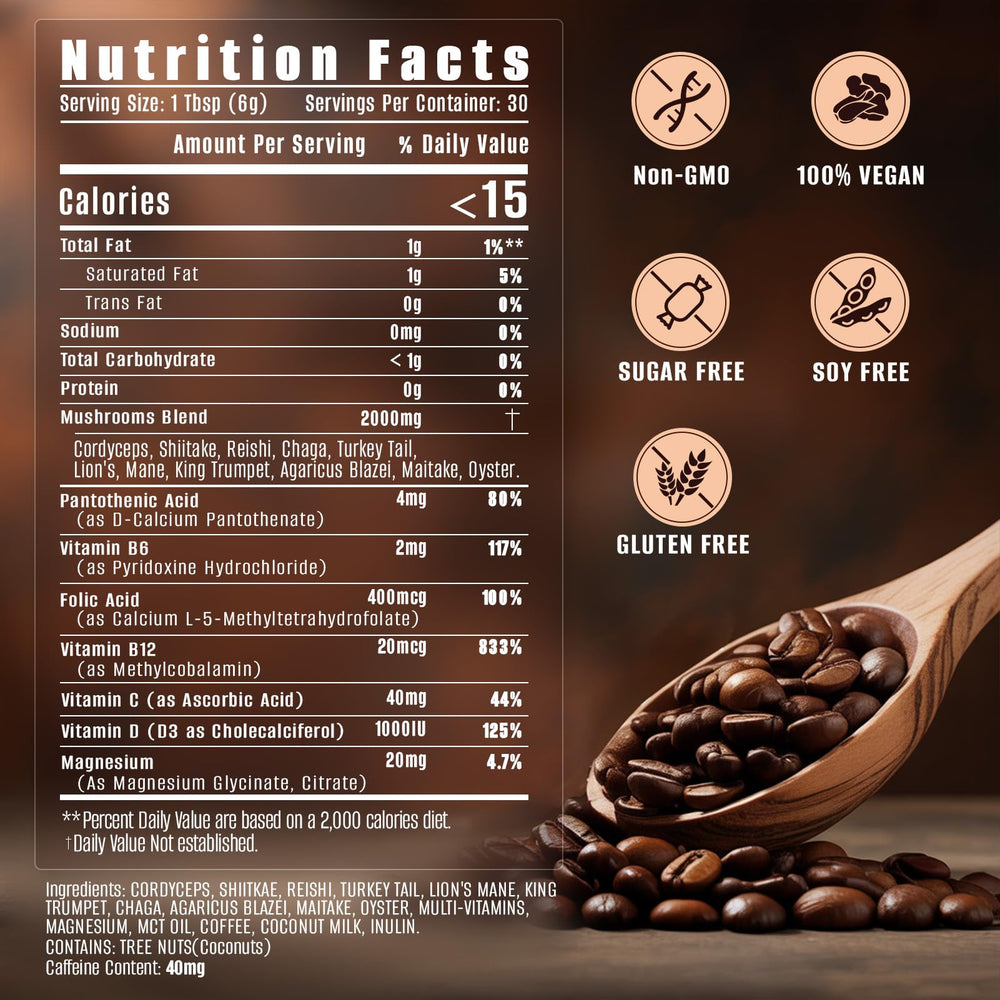 Fortisca 10in1 Mushroom Coffee cup with steam emphasizes mental focus during mornings.