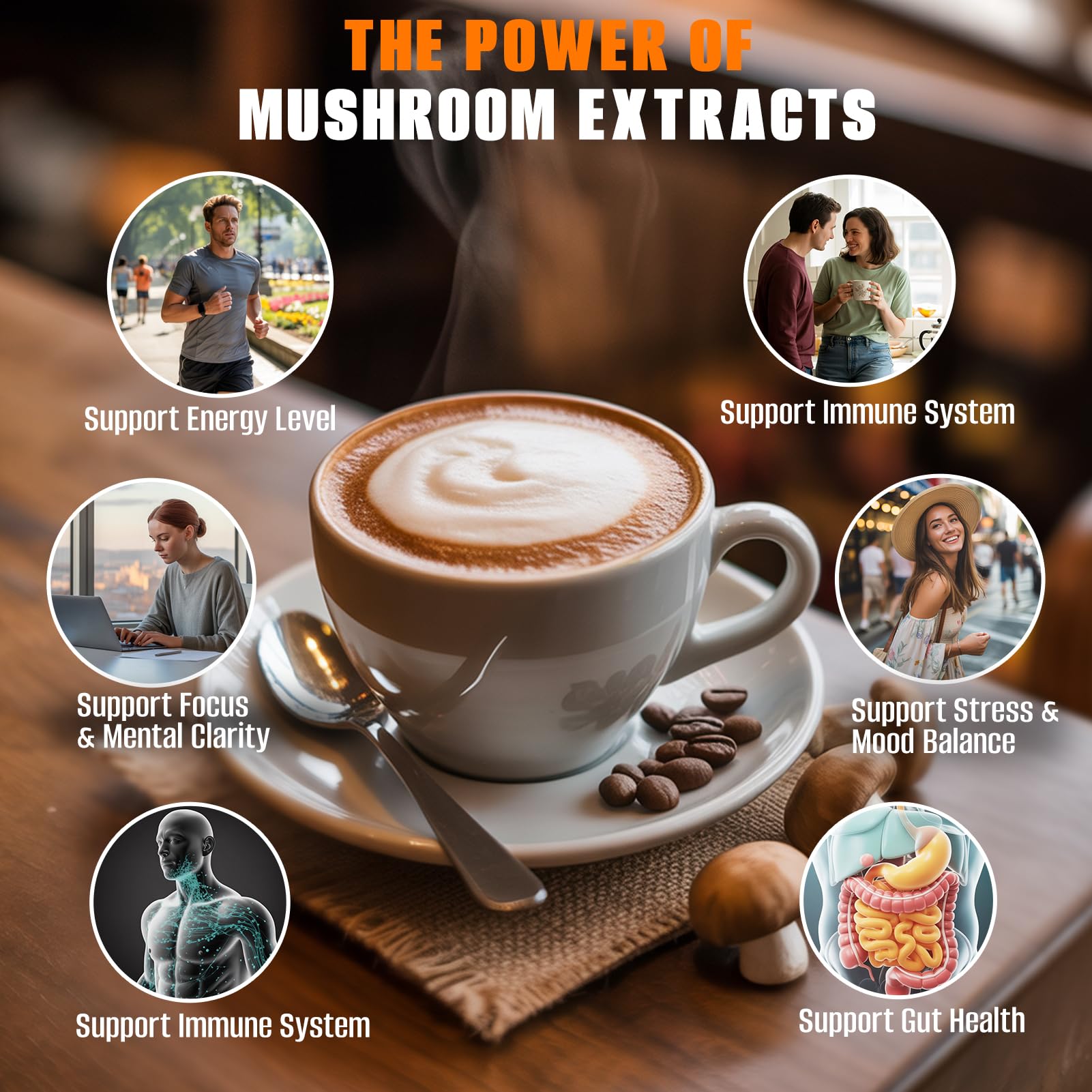 Fortisca 10in1 Mushroom Coffee foam cup conveys inviting aroma.