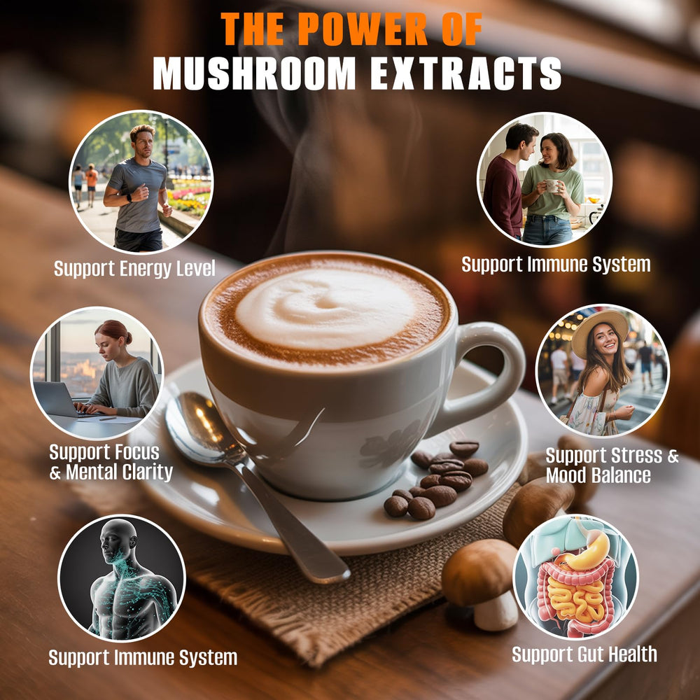Fortisca 10in1 Mushroom Coffee foam cup conveys inviting aroma.