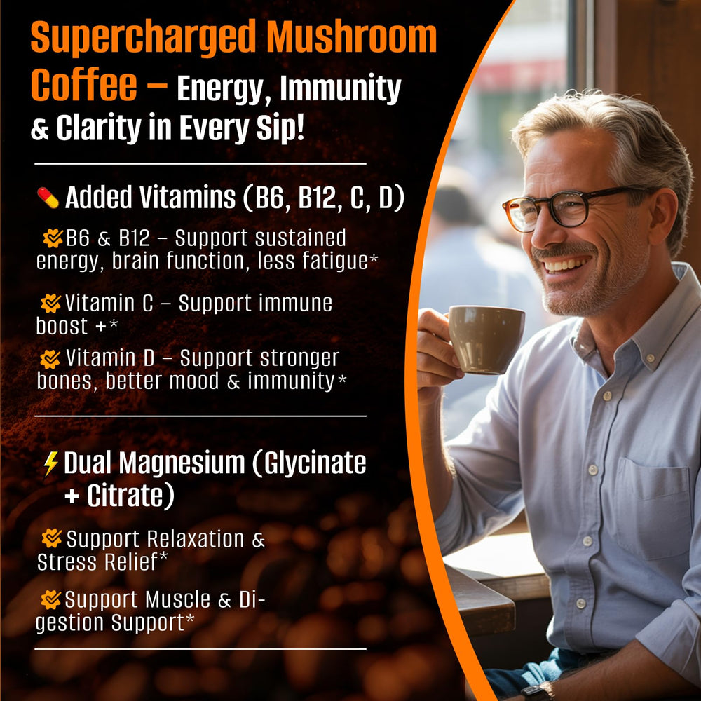 Fortisca 10in1 Mushroom Coffee ingredient closeup highlights 10-mushroom blend.