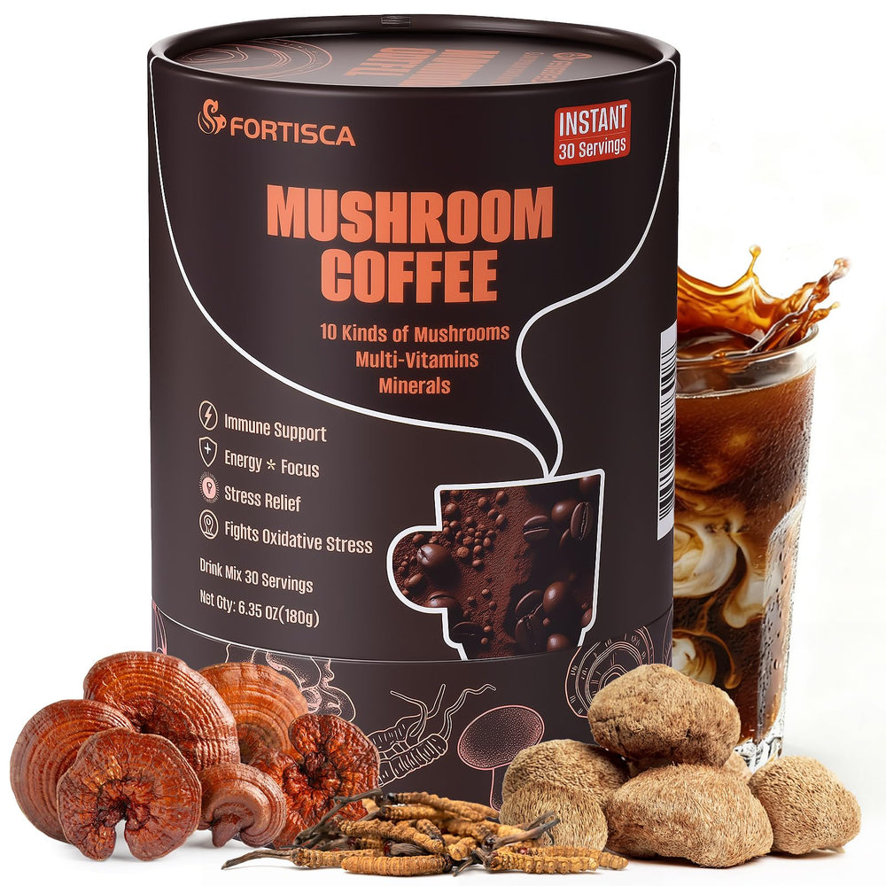 Fortisca 10in1 Mushroom Coffee pack shot for daily energy support.