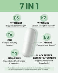 FORTISCA 4000IU D3 K2 zinc icons show nutrient synergy for bone and mood.