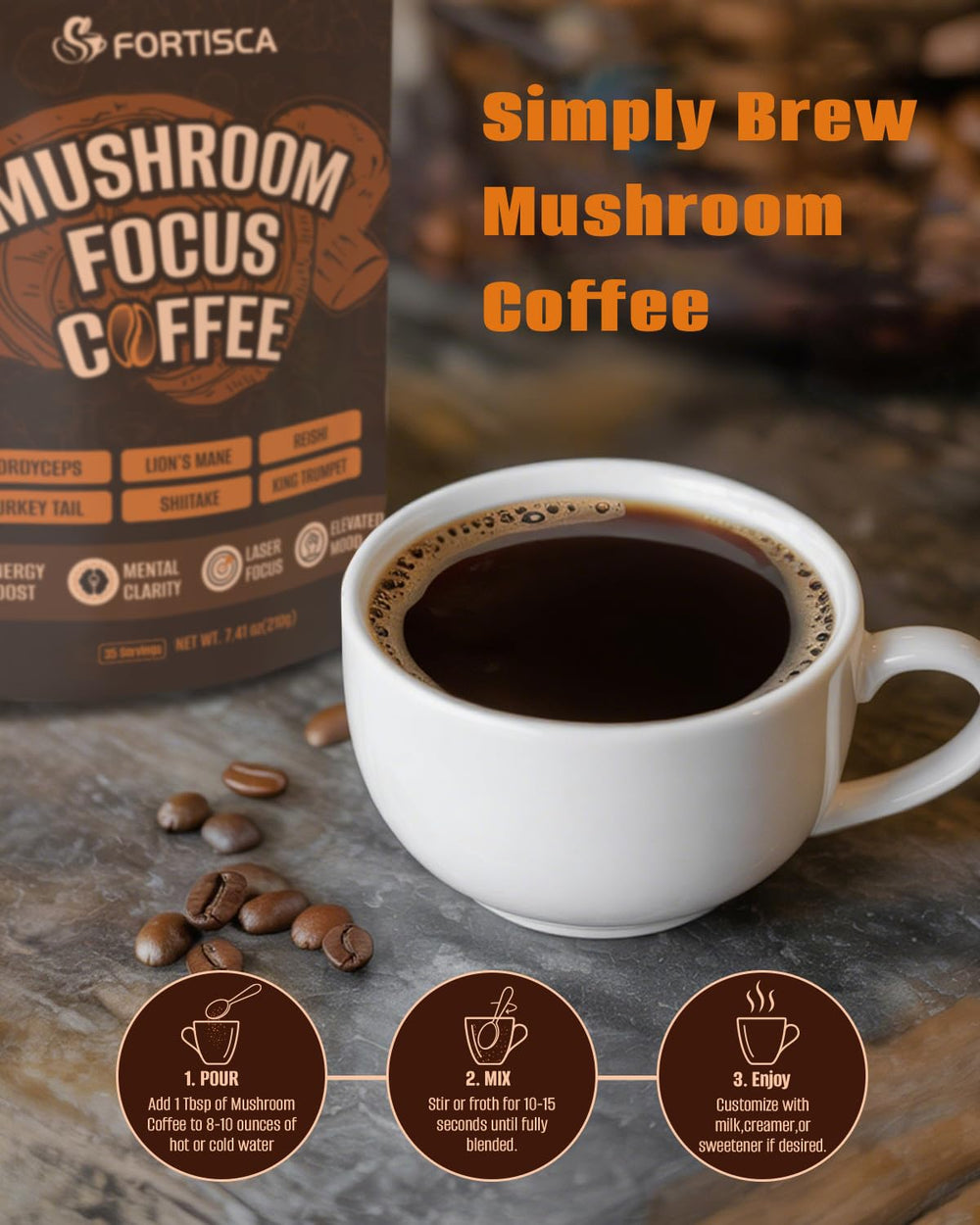 FORTISCA Mushroom Coffee mug closeup foam, inviting aroma and texture.