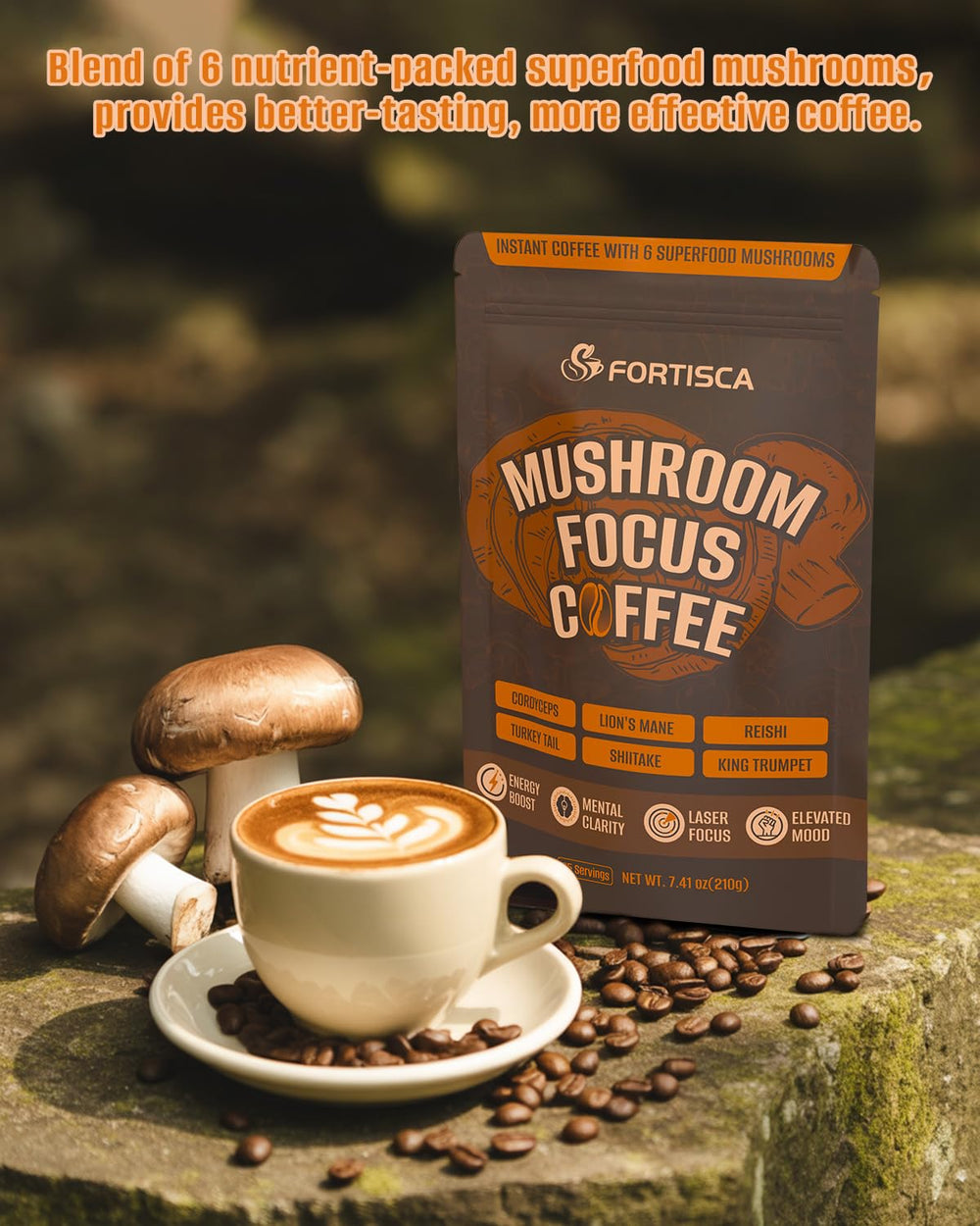 FORTISCA Mushroom Coffee mushroom blend, earthy flavor with smooth finish.