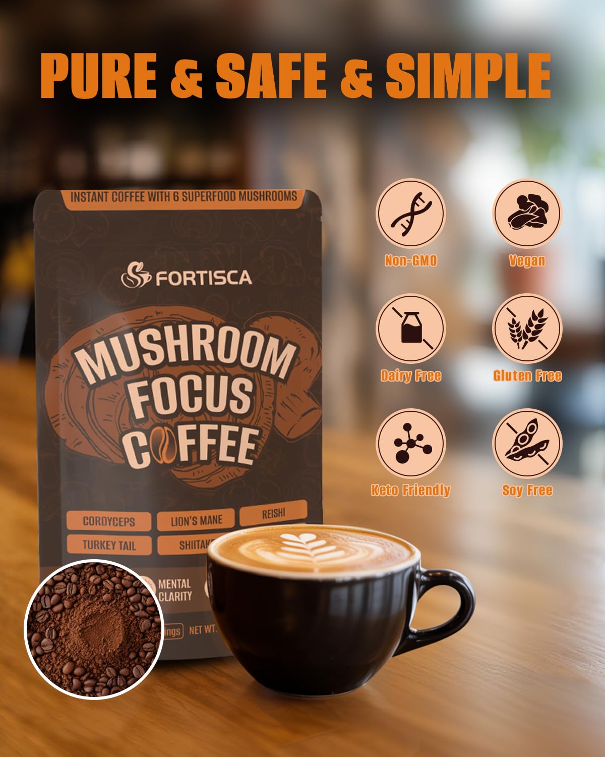 FORTISCA Mushroom Coffee packaging, premium blend ready to enjoy.