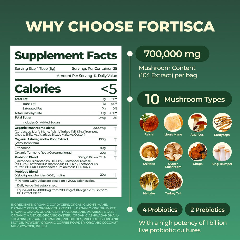 Close-up of the ten-mushroom blend in Fortisca formula.