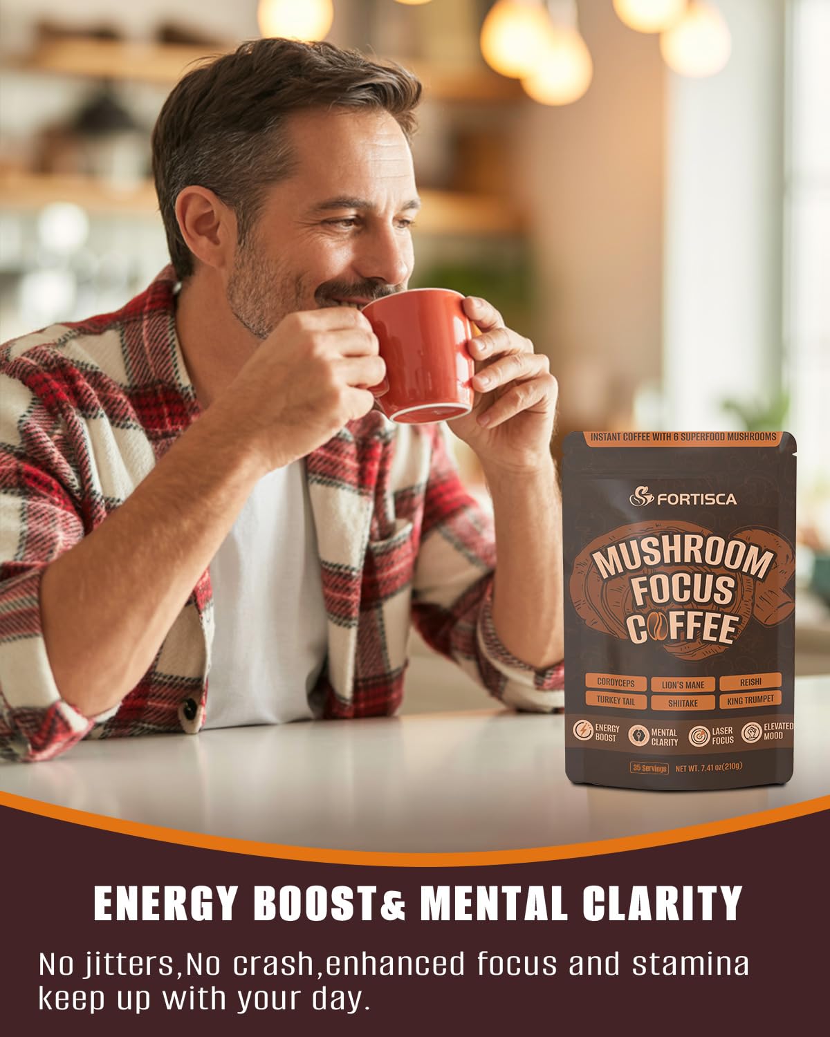 FORTISCA Mushroom Coffee textured brew, ideal for daily energy routines.