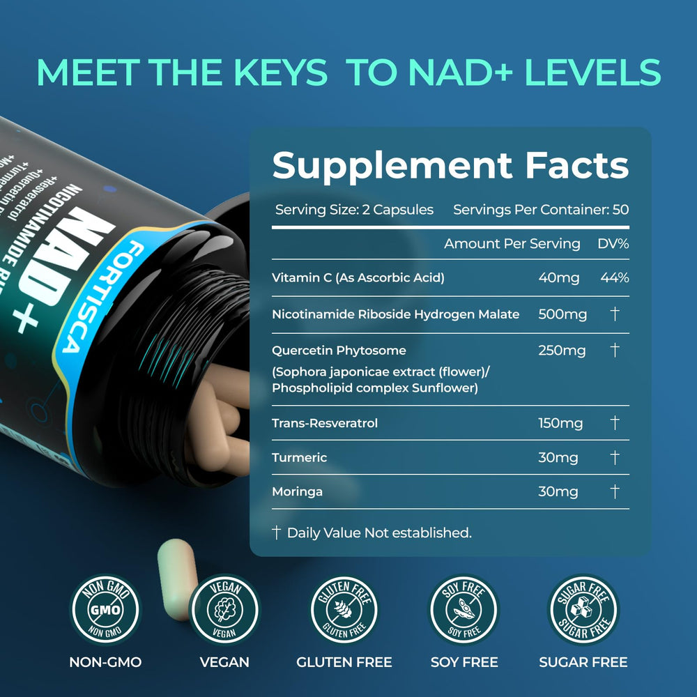 FORTISCA NAD+ capsules close-up showing capsule texture and purity