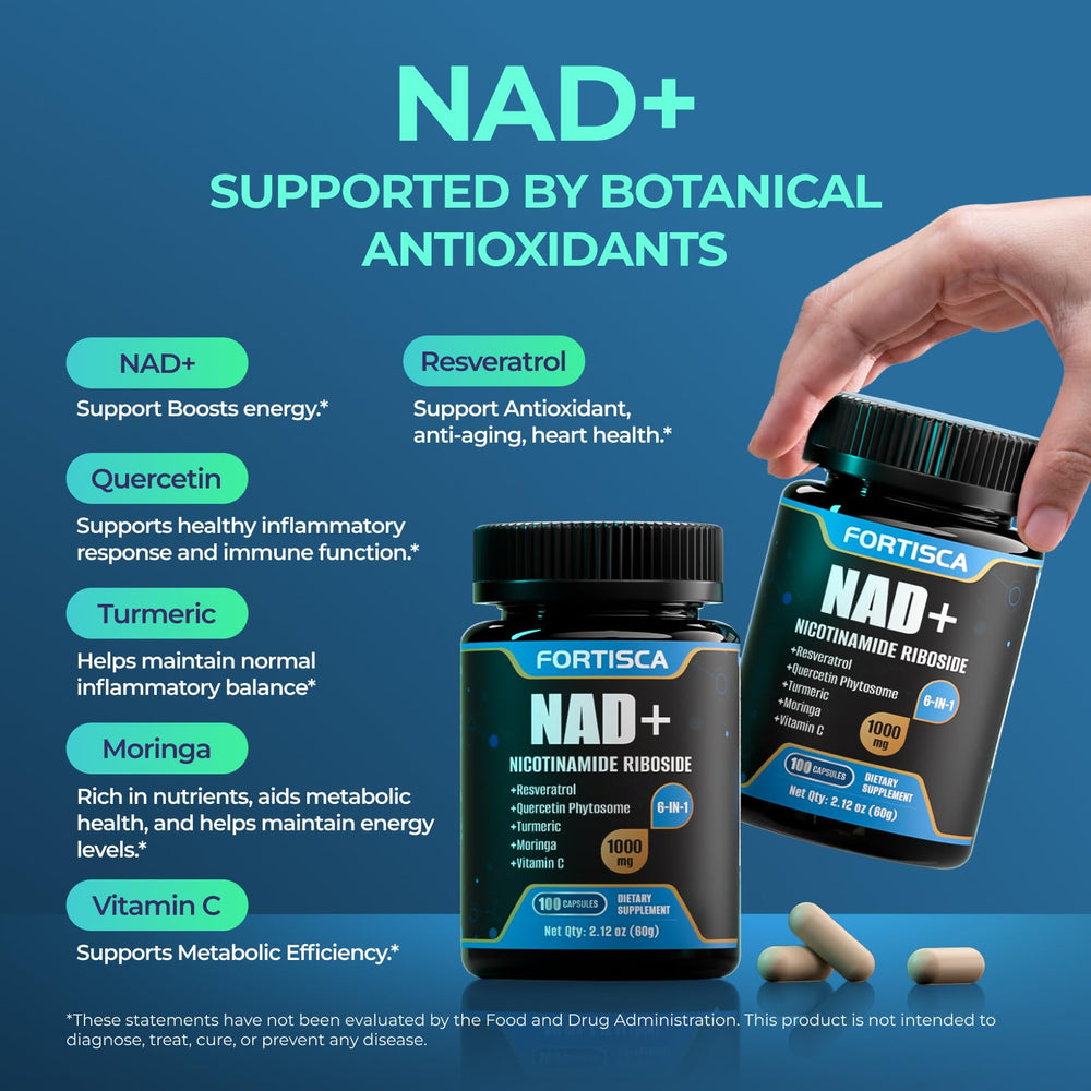 FORTISCA NAD+ ingredient panel highlights NRH, resveratrol, and antioxidants