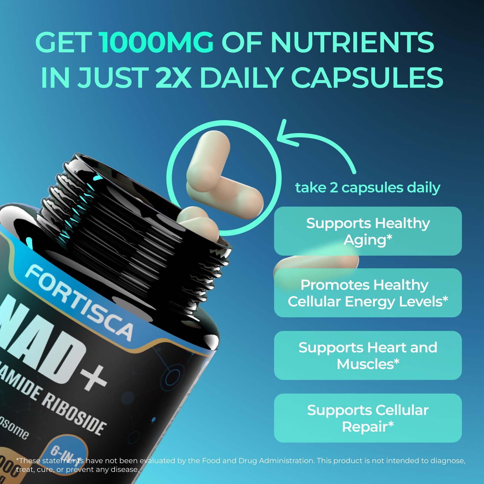 FORTISCA NAD+ nutrition facts label with serving and ingredients