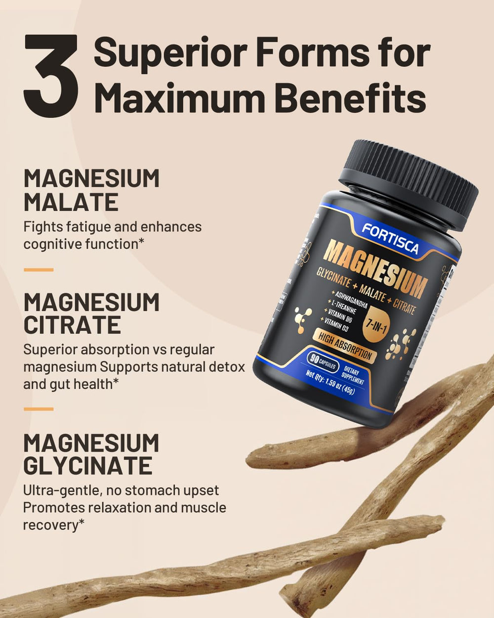 FORTISCA Triple Magnesium capsules closeup highlighting vegan capsule formula