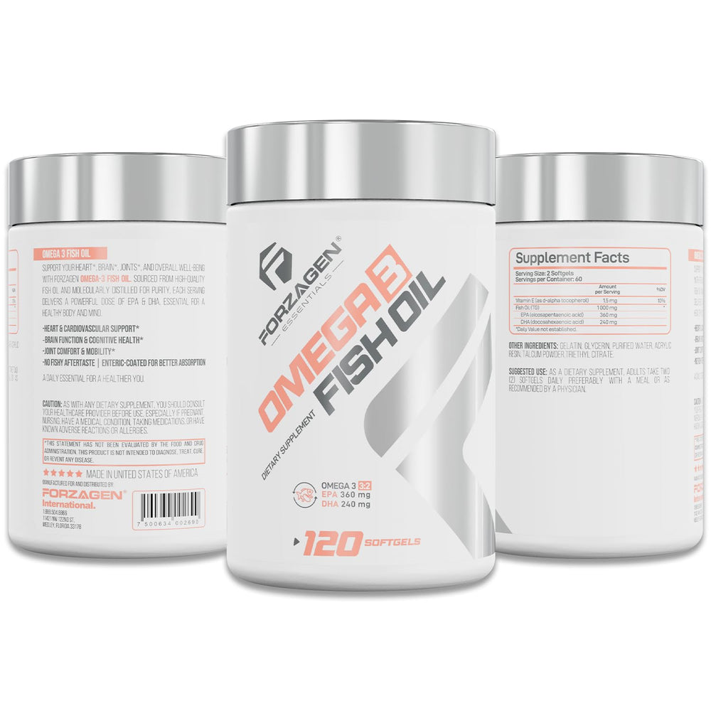 Forzagen Essentials Omega-3 labels show EPA 360 mg and DHA 240 mg per serving.