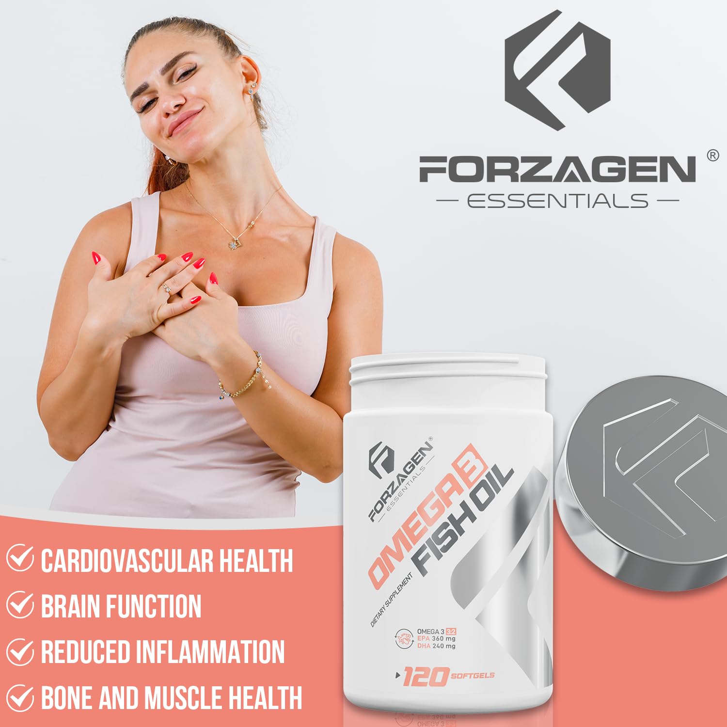Forzagen Essentials Omega-3 bottle on a table, ready for daily routine.
