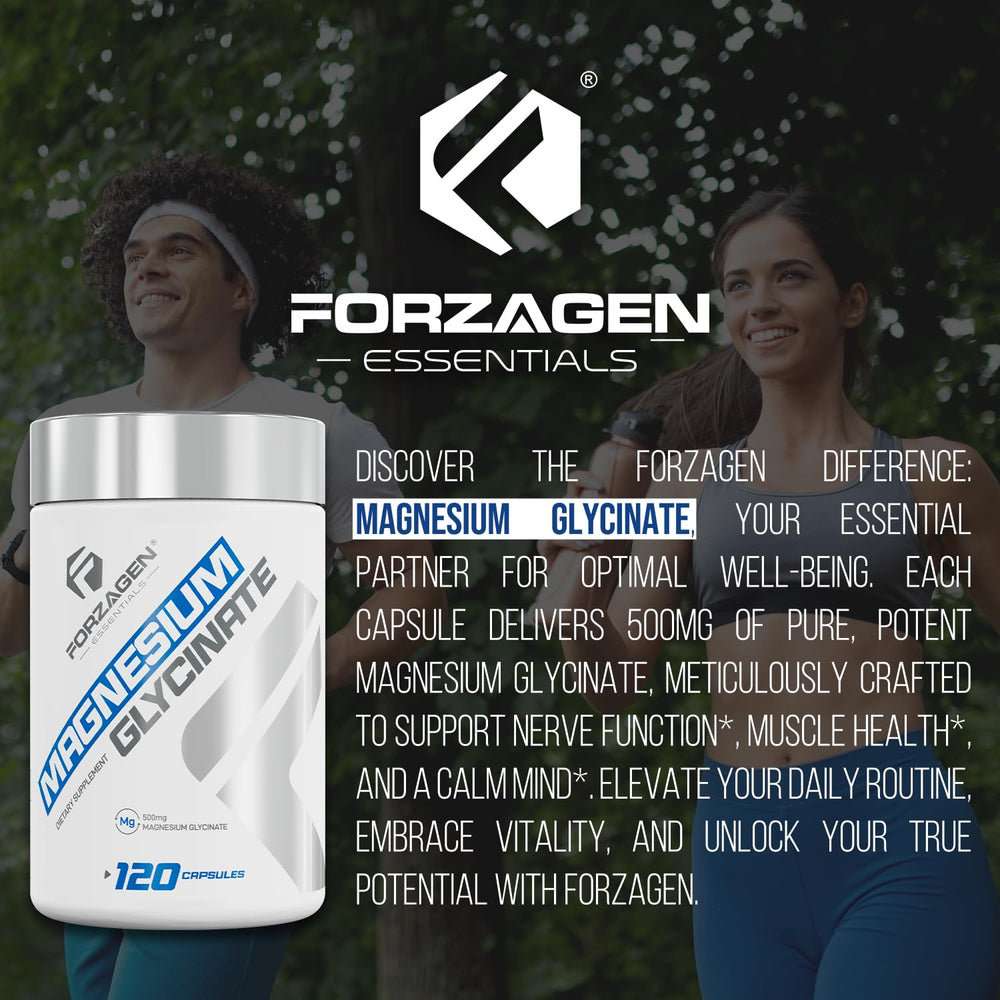 Forzagen Magnesium Glycinate label emphasizes premium quality and usage.