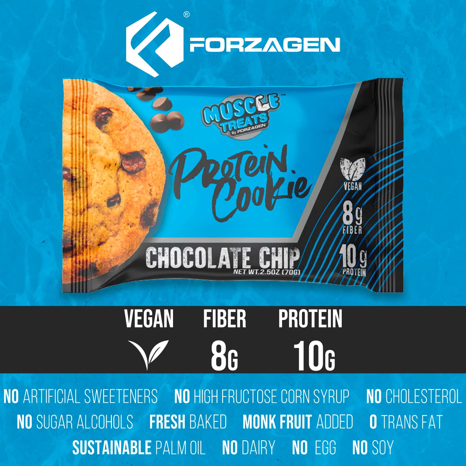 Forzagen Muscle Treats cookie close-up, chocolate chips visible for tasty texture