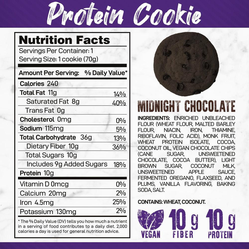 Forzagen Midnight Chocolate cookie close-up showing vegan ingredients and chocolate chips