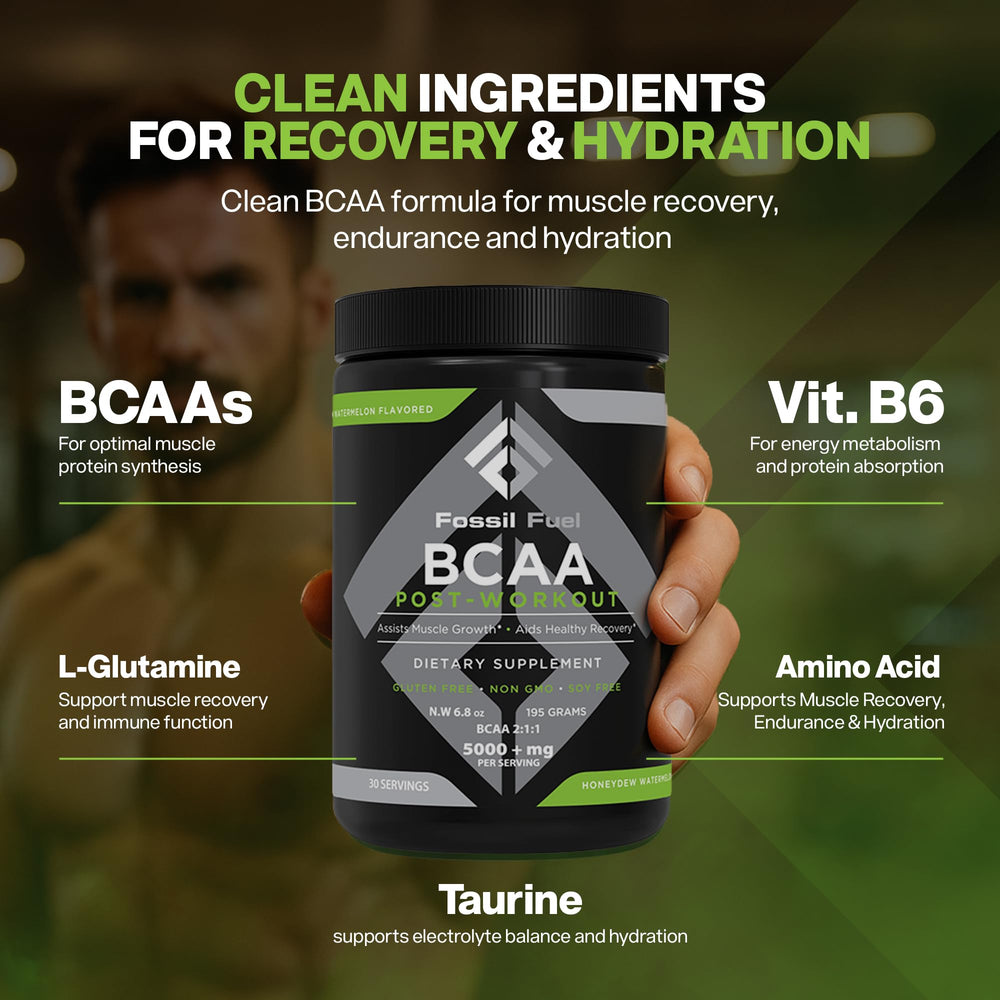 Fossil Fuel bcaa powder honeydew watermelon pour showing quick hydration potential.