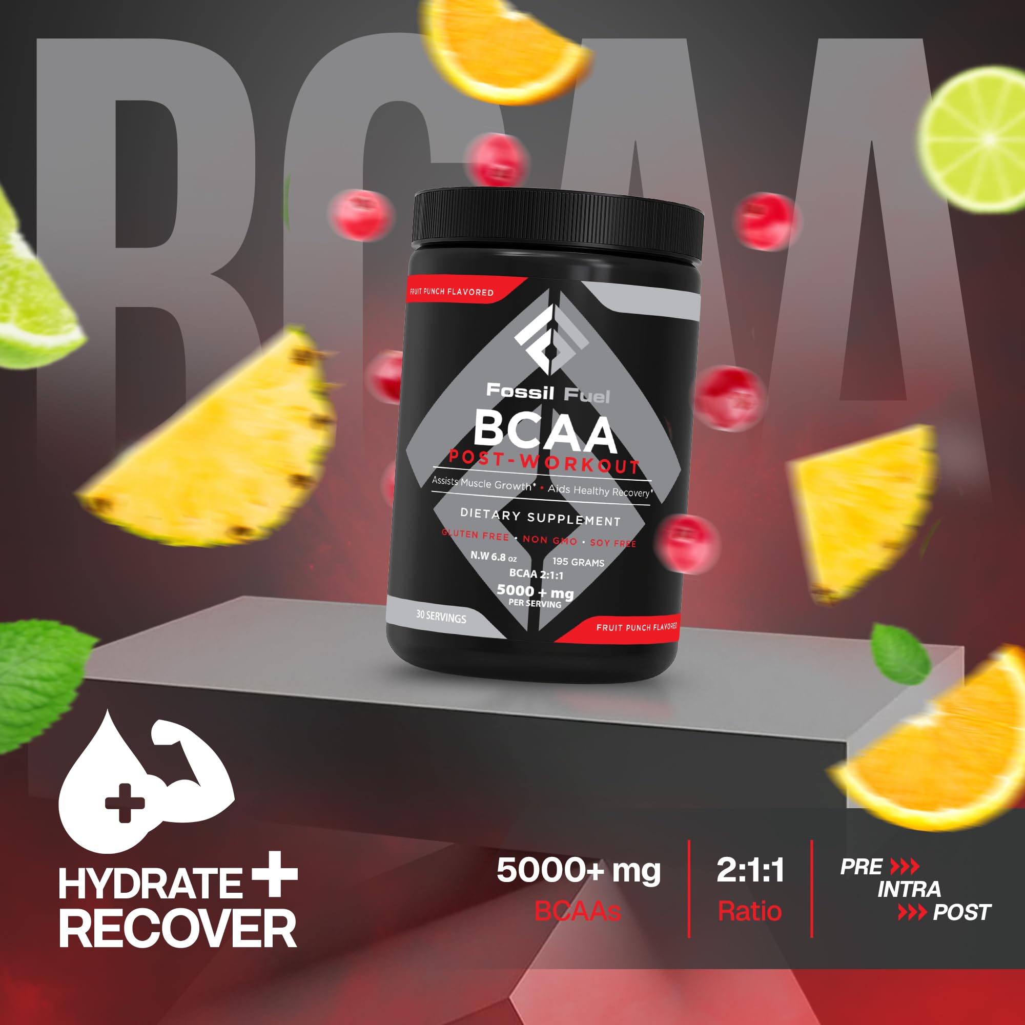 Fossil Fuel BCAA with glutamine highlighting post-workout recovery support